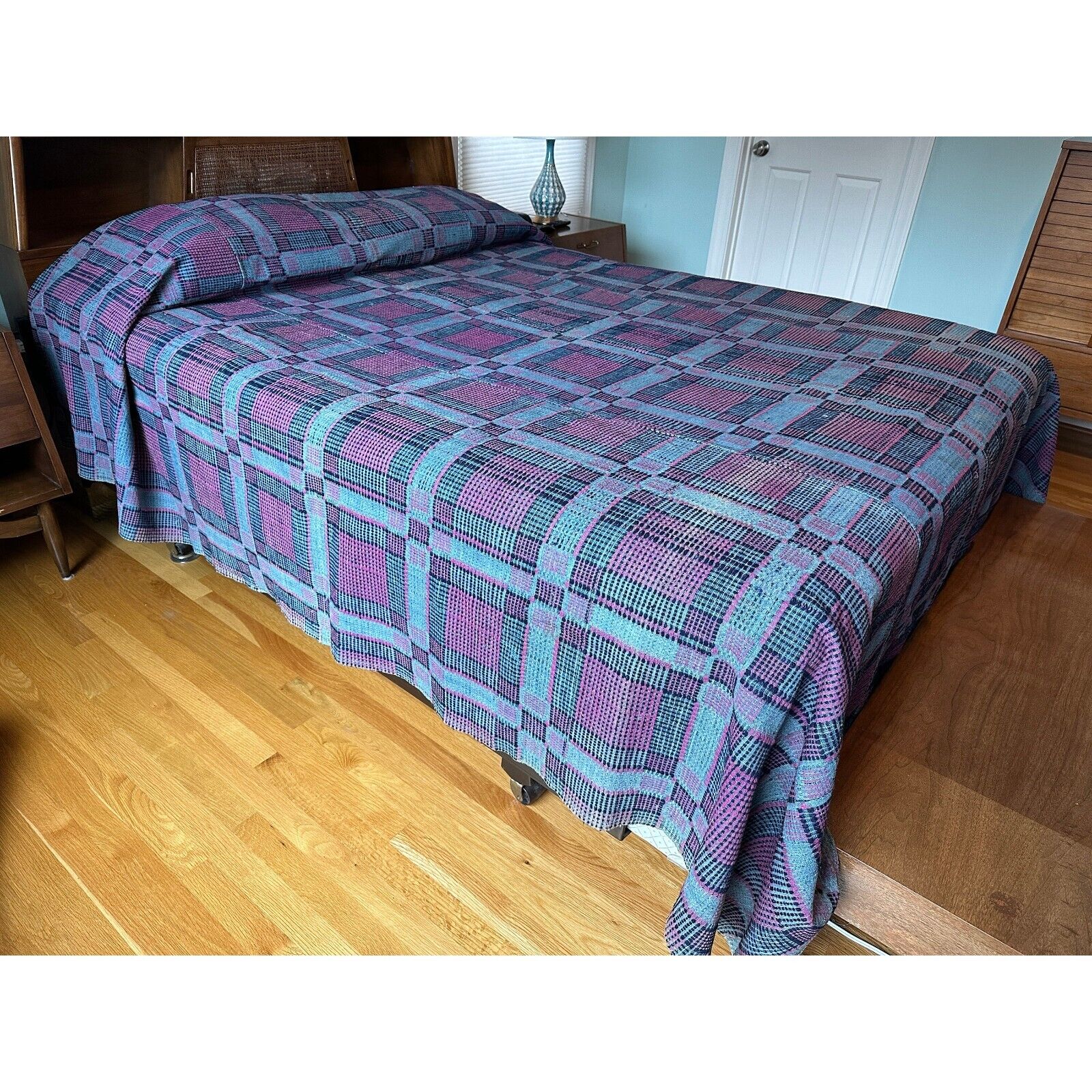 1800s overshot coverlet blue and magenta hand loomed KING/QUEEN  size