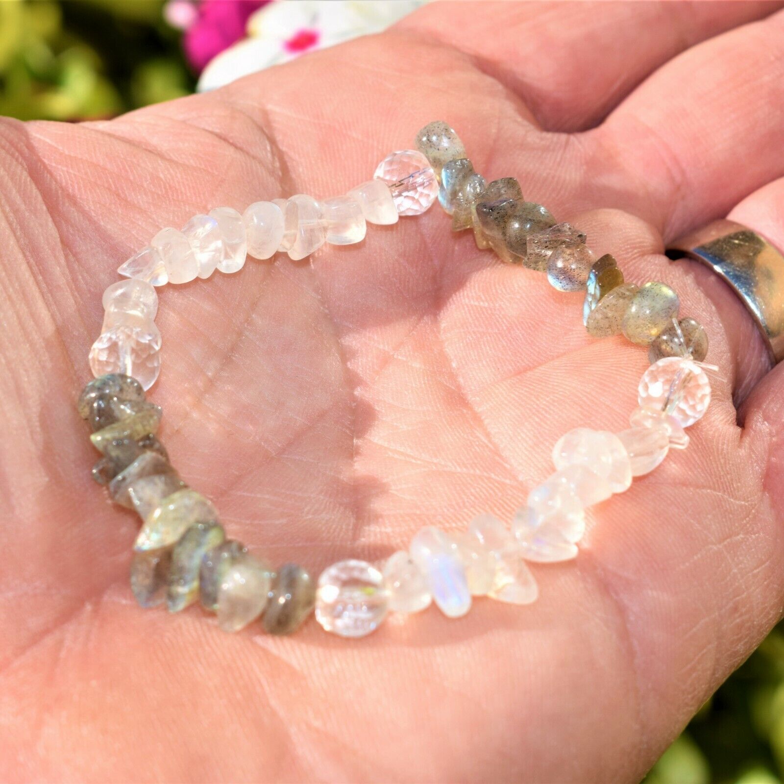 CHARGED Moonstone Labradorite Crystal Stretchy Bracelet w / Quartz REIKI Energy