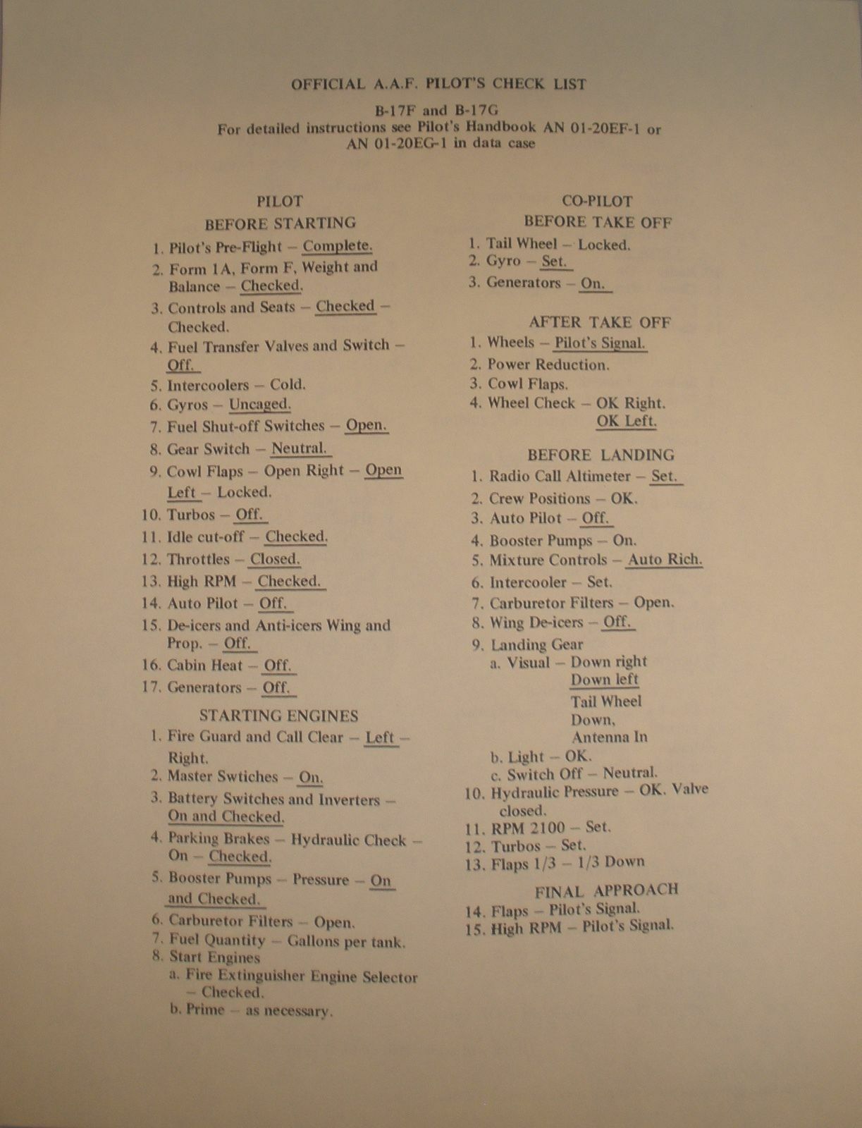 Boeing B-17 Flying Fortress 2-sided Checklist on Paper WW II Aviation  CKL-0108