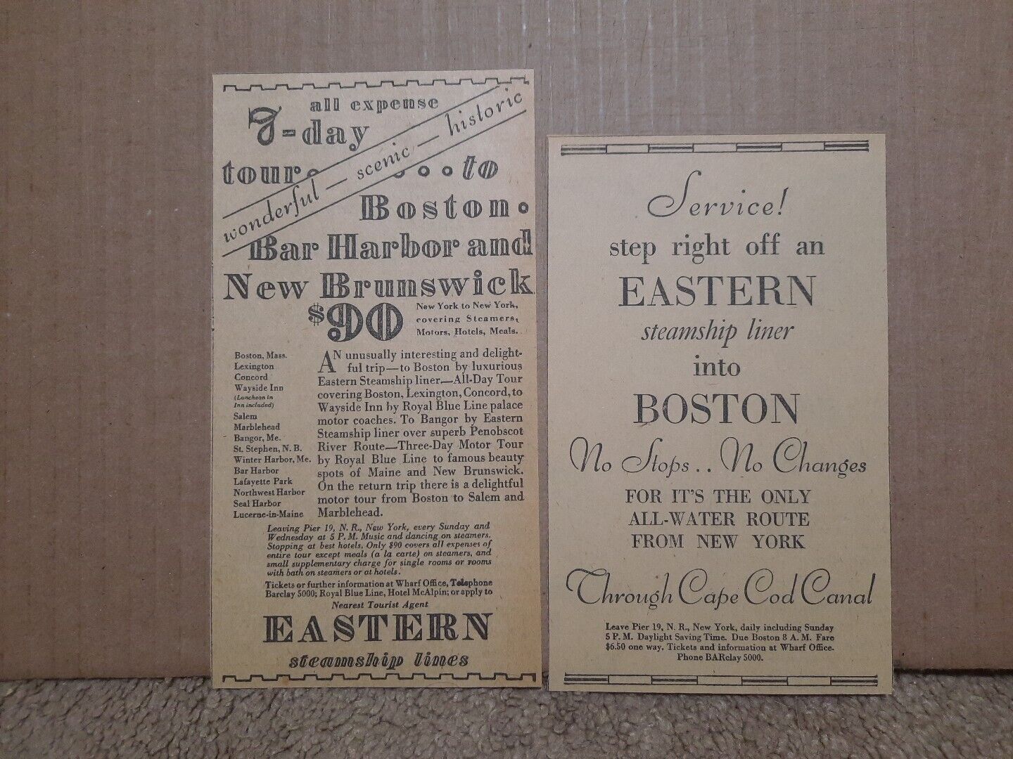 1928 Eastern Steamship Lines Newspaper 2 Ad Lot To Boston