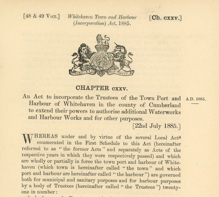 Antique Act of Parliament Whitehaven Town & Harbour Waterworks 1885 politics