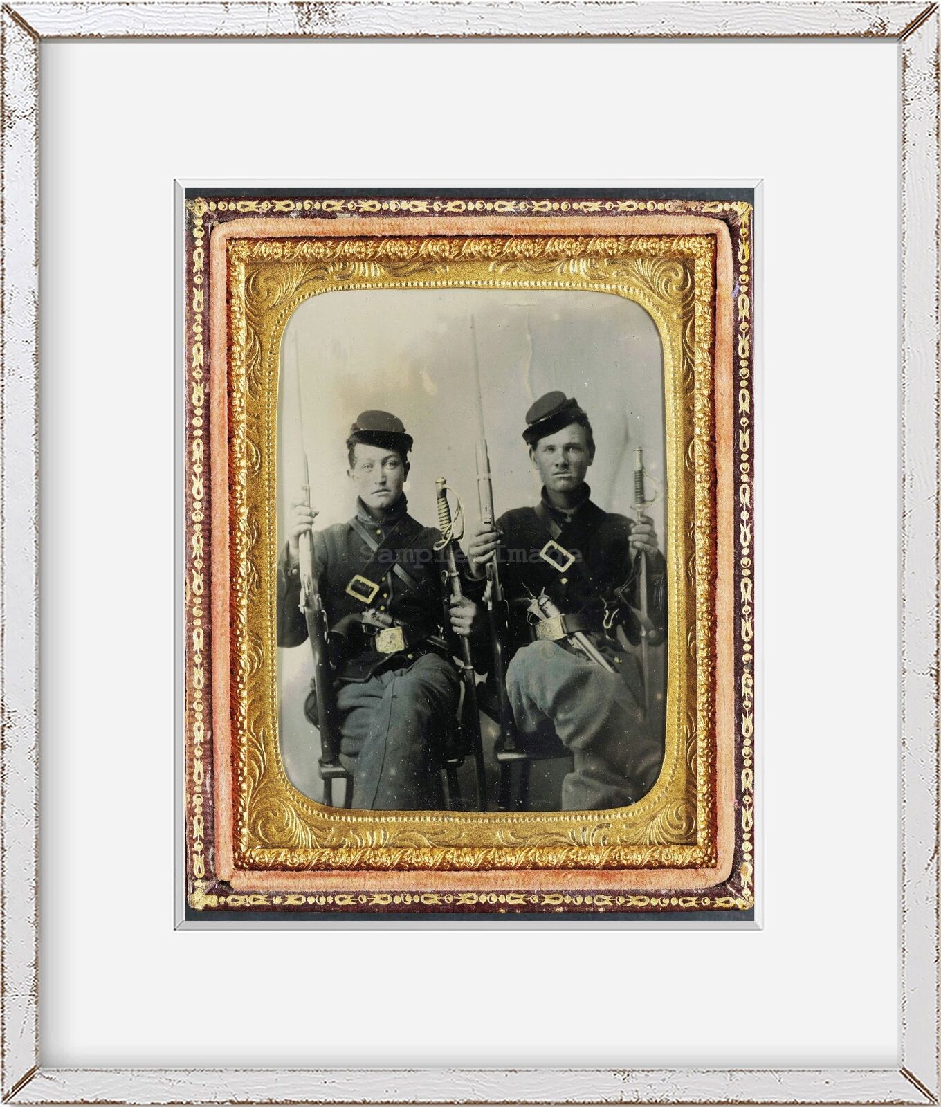 Photo: Two unidentified Soldiers with Spencer carbines, 1860 Sabers, Colt Army R