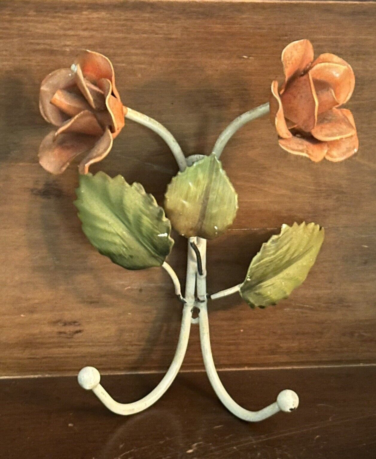 Vintage Chippy Italian Tole Metal Orange Rose Double Decorative Hook