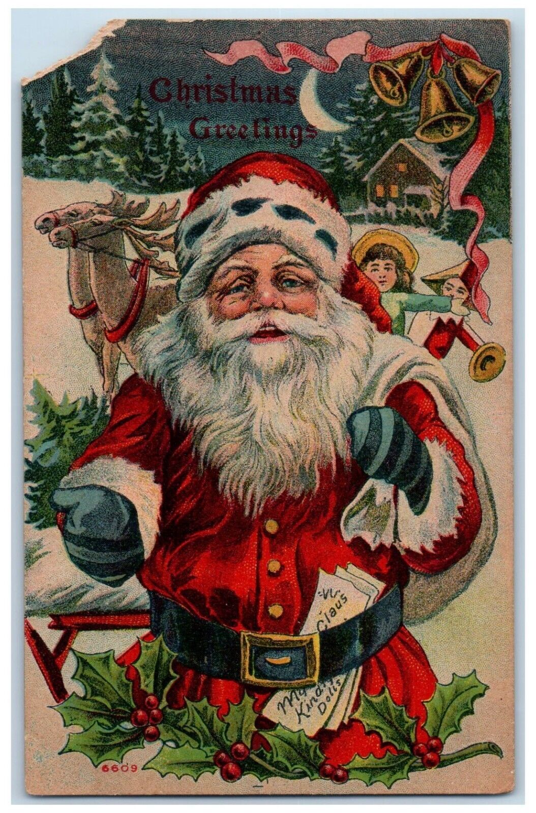 c1910's Christmas Greetings Santa Claus With Toys Holly Berrie Bells Postcard