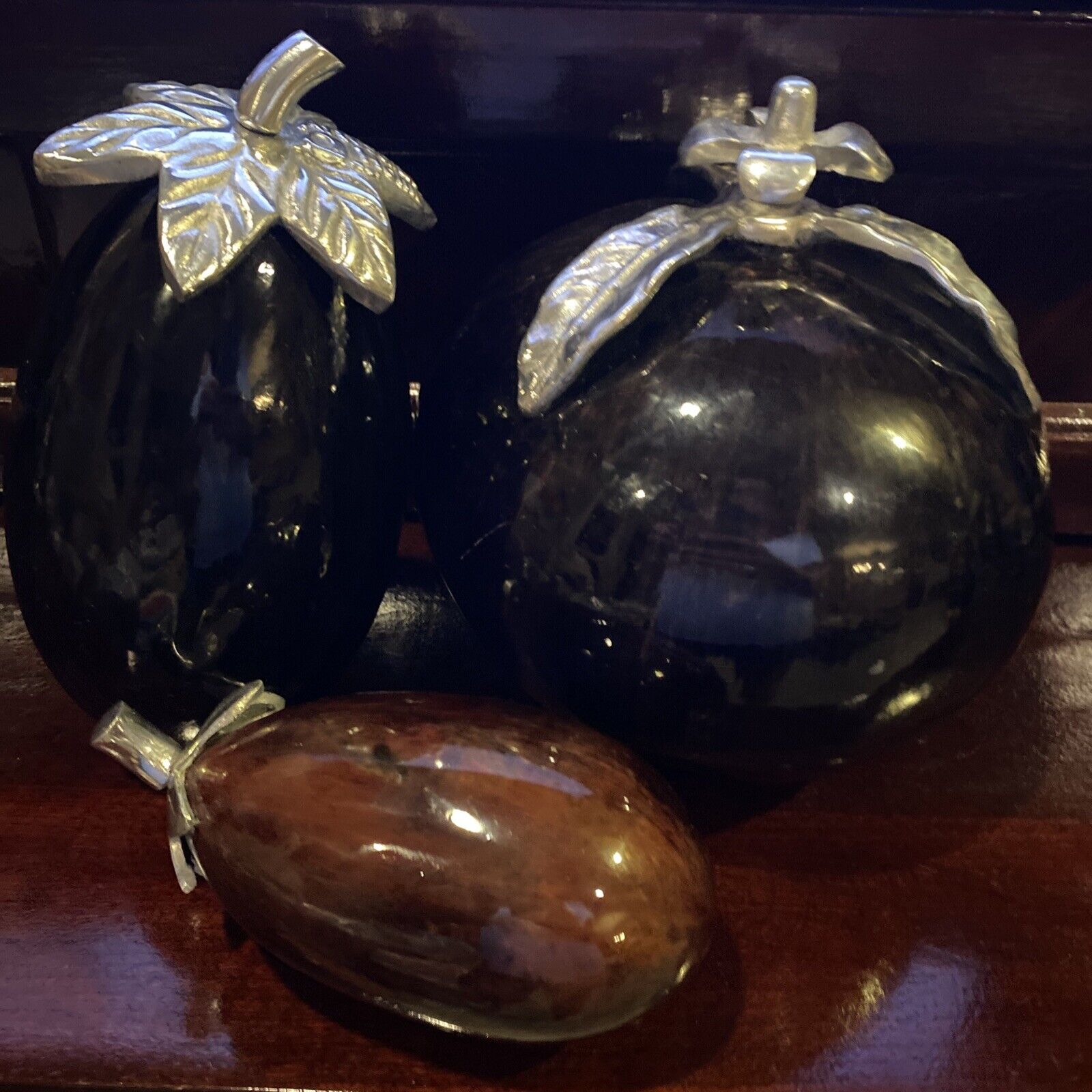 Artesana Home Vintage weighted Resinated Gourds Pewter Eggplant Set Home Decor