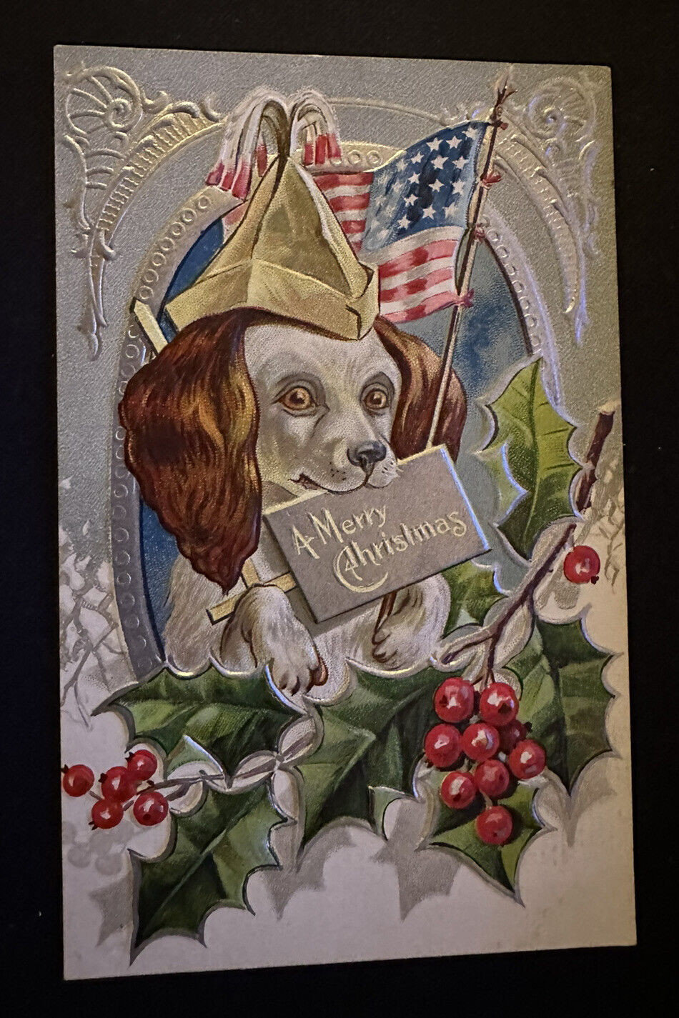 CHRISTMAS ~Patriotic Puppy Dog with USA FLAG~ Holly  Antique Postcard~f630