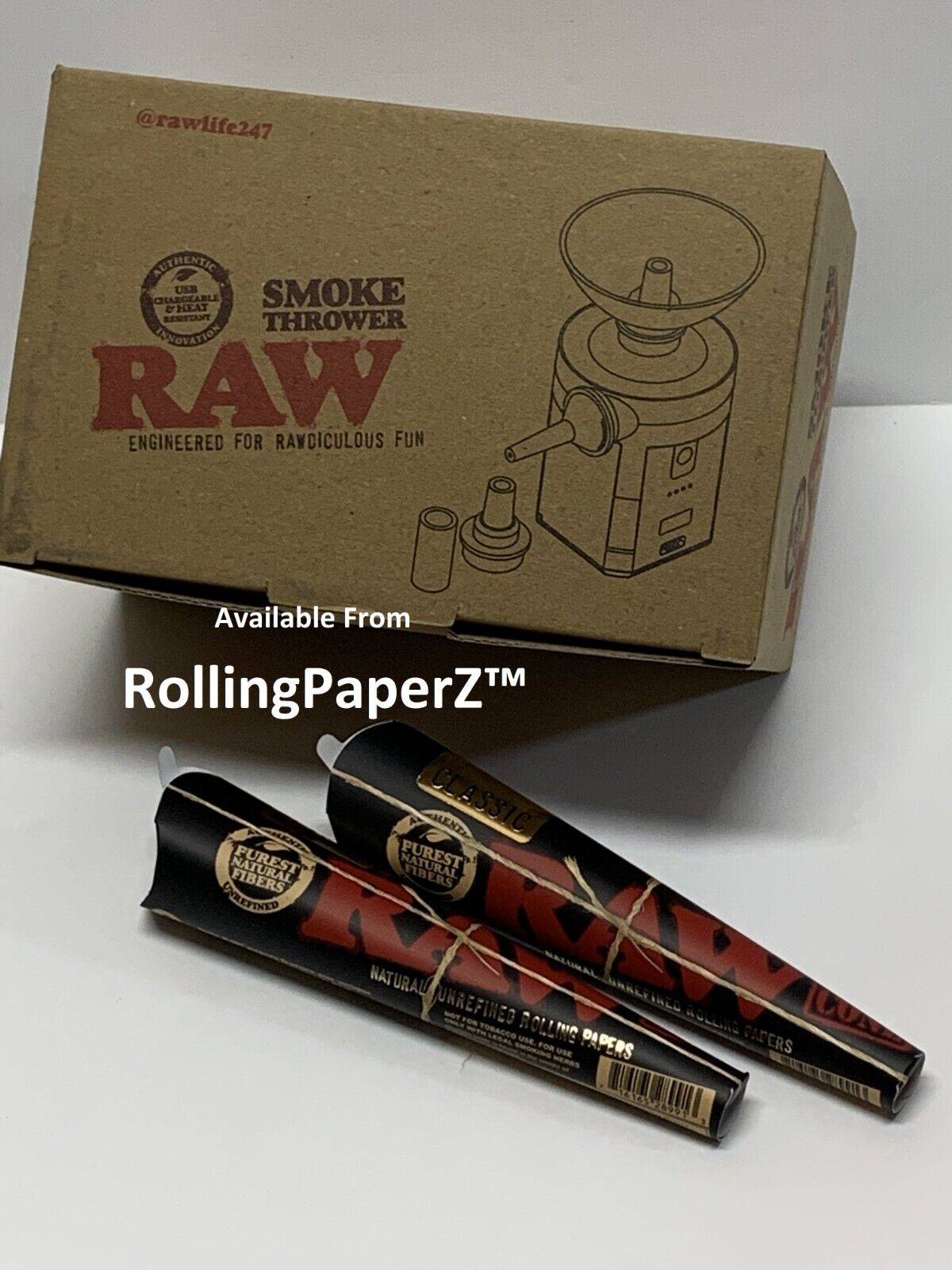 RAW SMOKE THROWER + 12 Pre Rolled RAW Black 1 1/4 Size Cones (2 packs of 6)