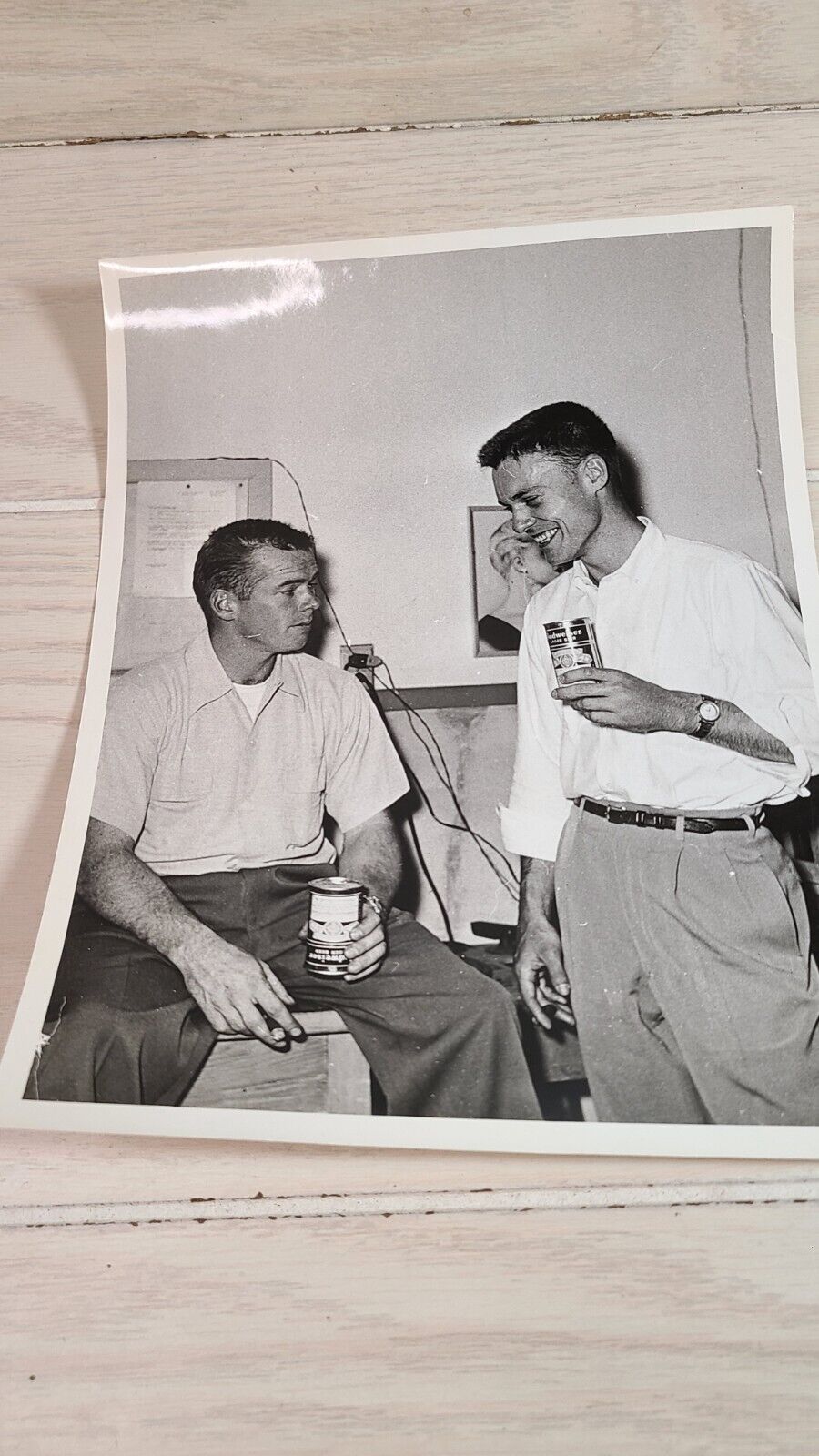 Vintage 8x10 Glossy Black And White Photograph Two Gentlemen Drinking Budweiser