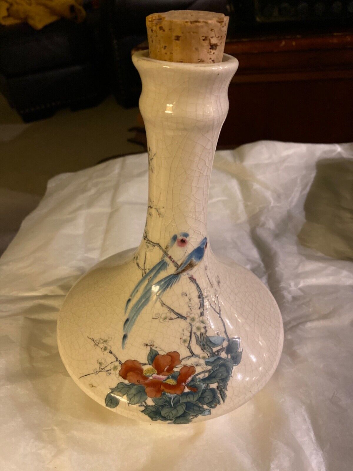 Vintage Ceramic Vase/Decanter Blue Birds in tree 9” white painted art pottery