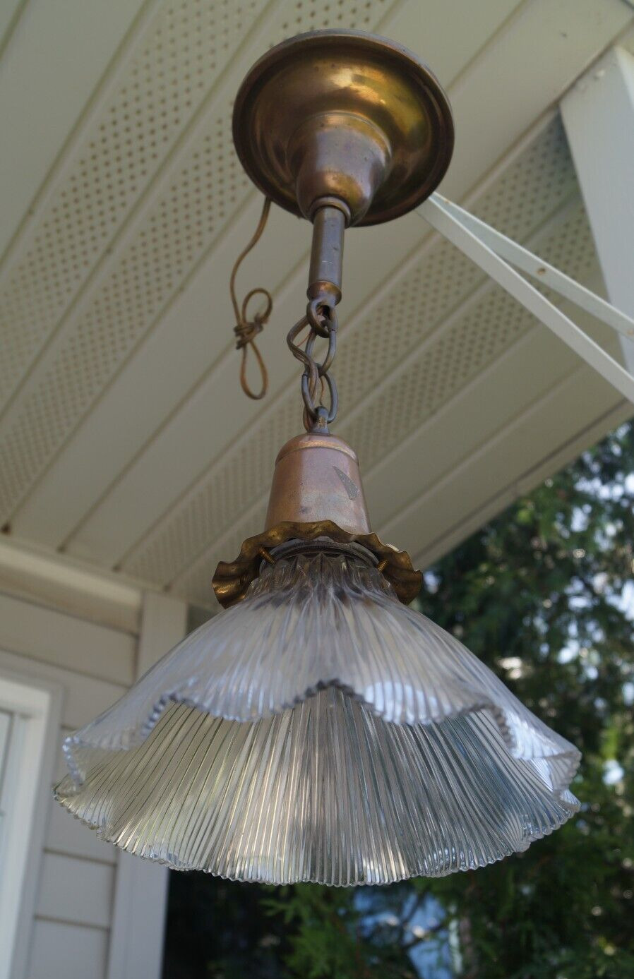 Antique 1920s MARKED Ceiling Fixture Light Hanging Lamp & SIGNED Holophane Shade