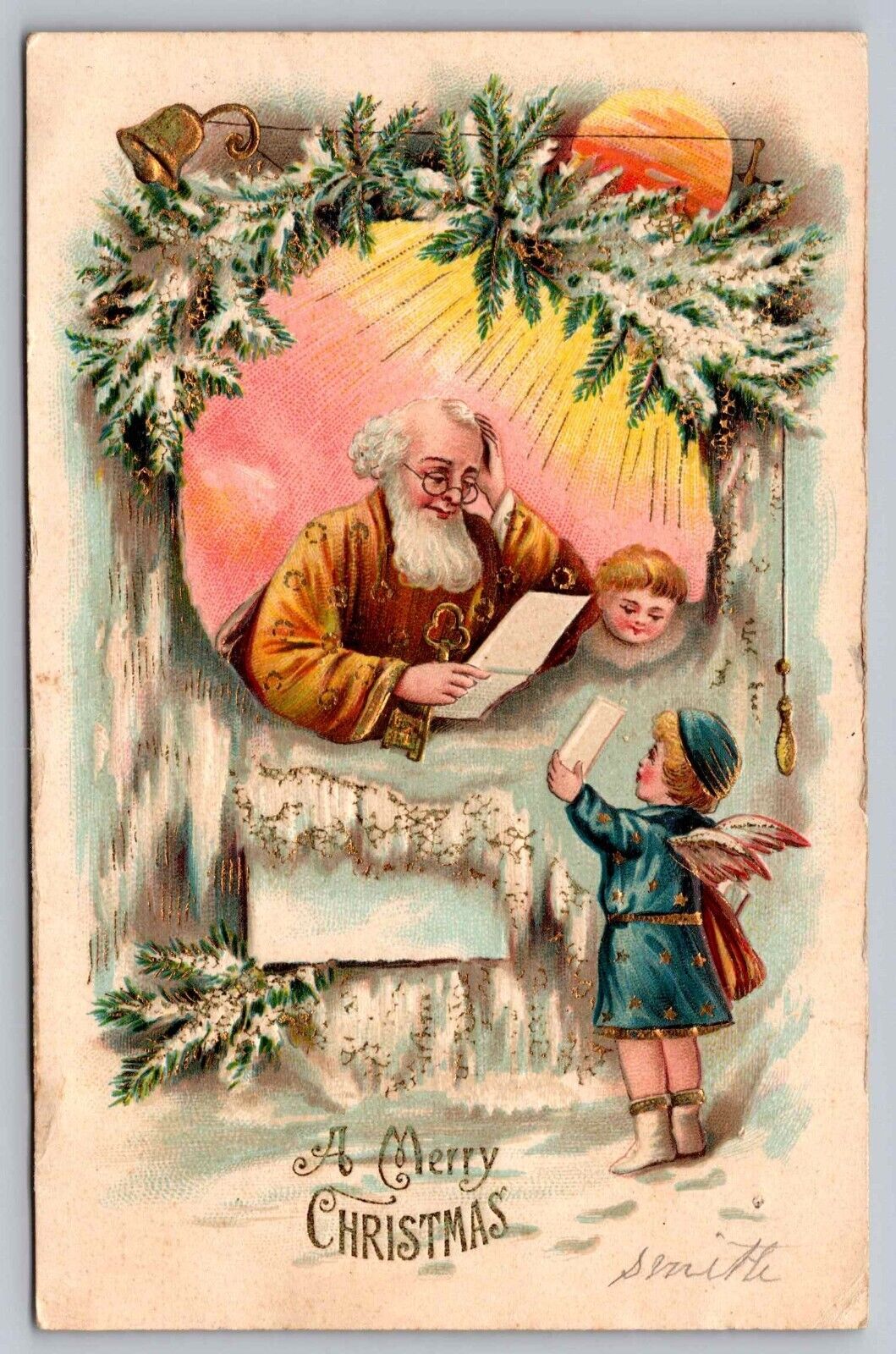 Postcard Merry Christmas Gold Robe Santa Boy Cherub Messenger