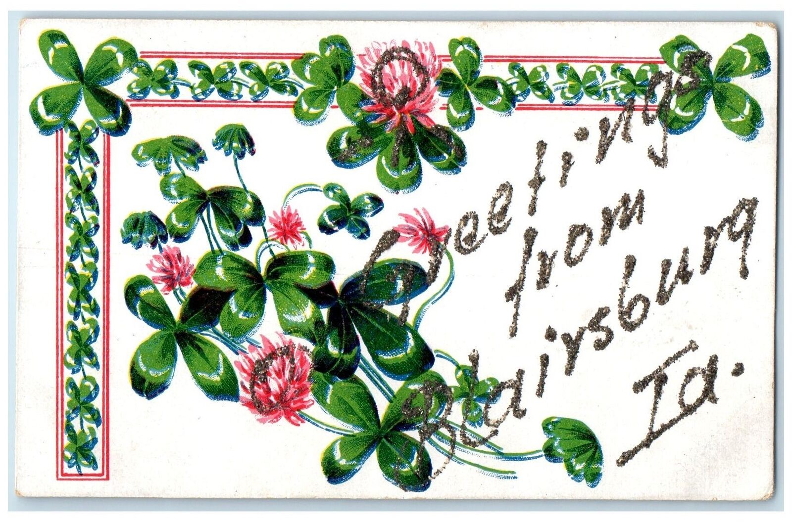 c1905\'s Greetings From Blairsburg Flowers Glitters Iowa Correspondence Postcard