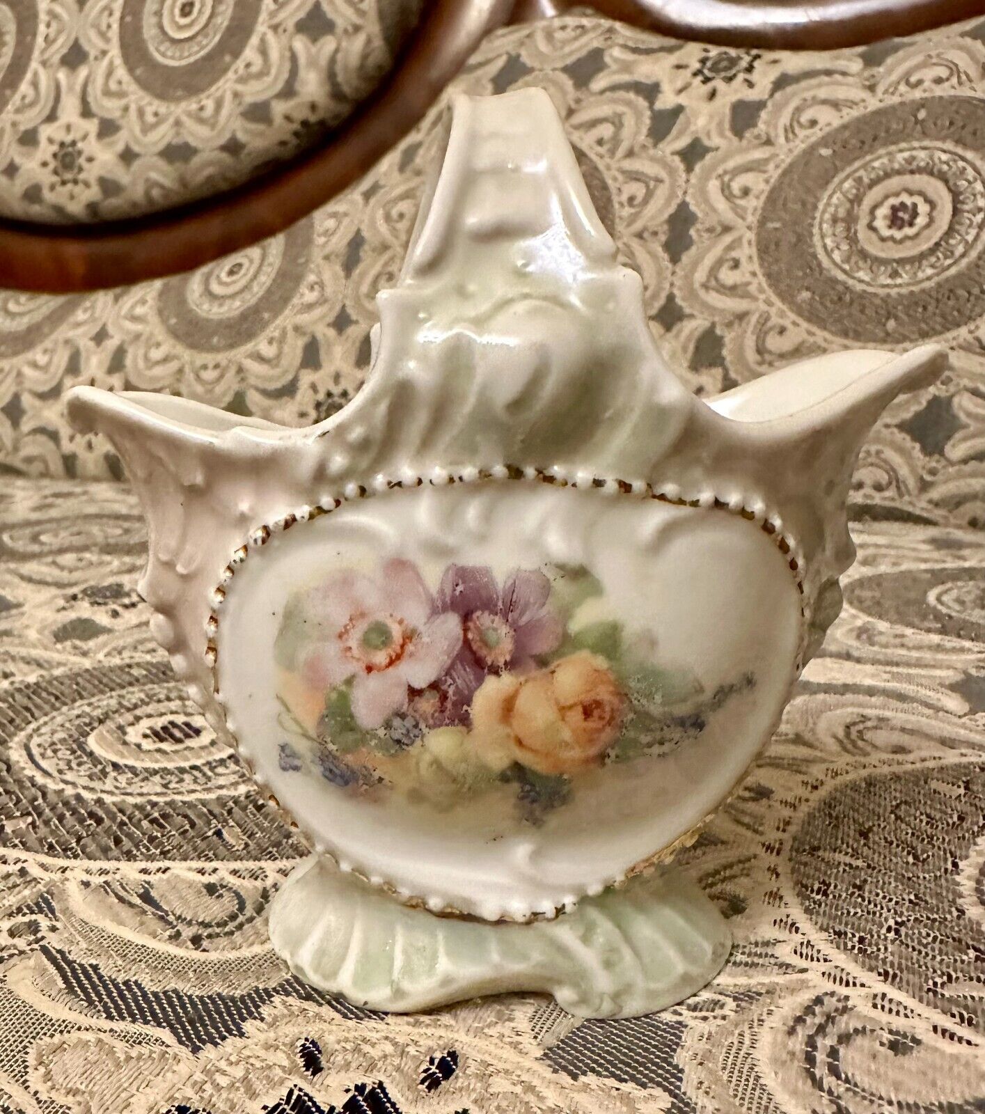 Beautiful Antique German Porcelain Basket - Floral - Rose - Green
