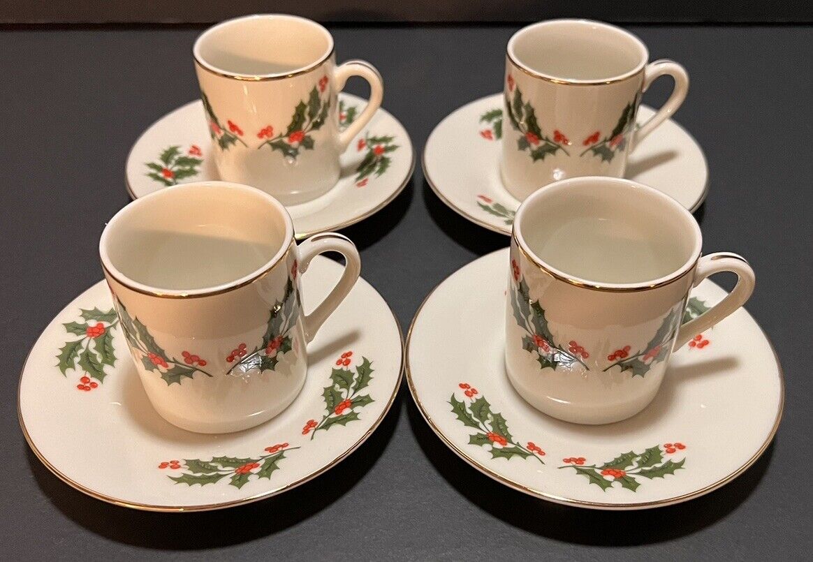 D.H. Holmes Holly Set Of 4 Tiny Teacups And Saucers Gold Trim