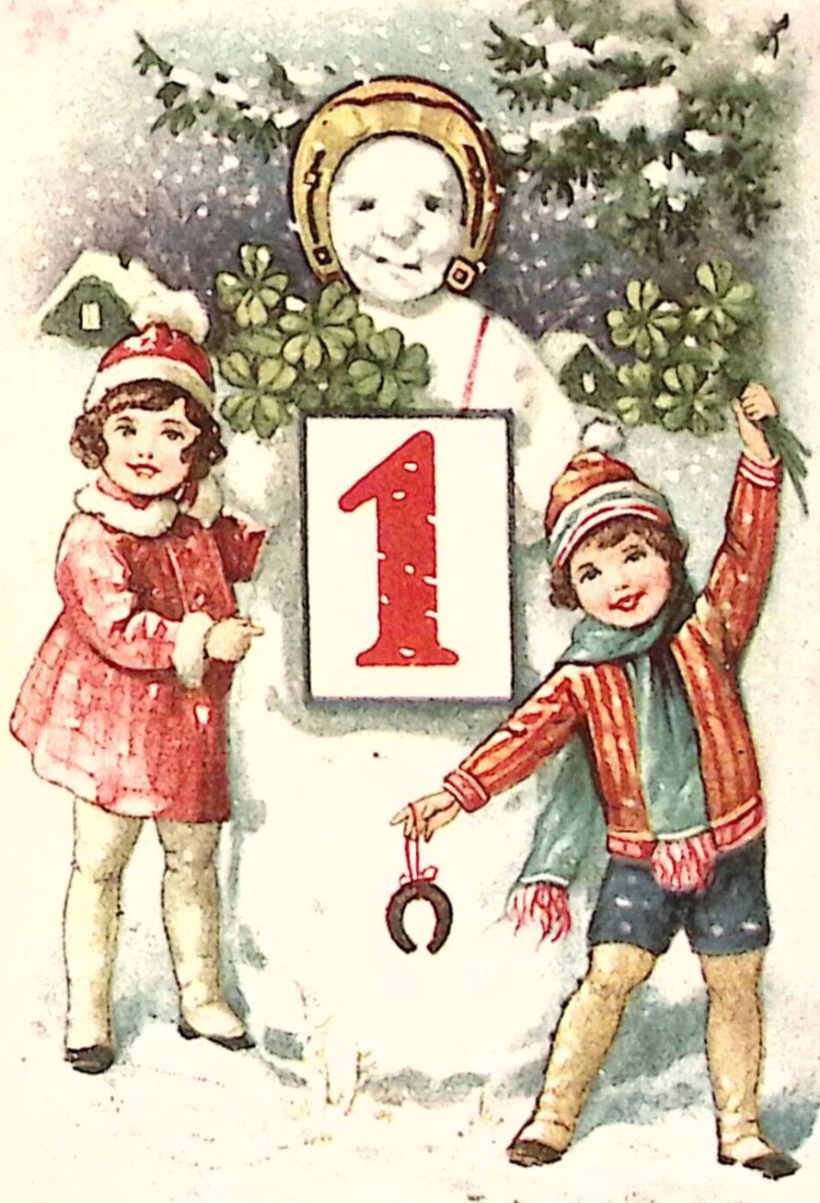 c1930s DUTCH New Year Postcard Snowman Wears Horsehoe Hat Girl Has 4 Leaf Clover