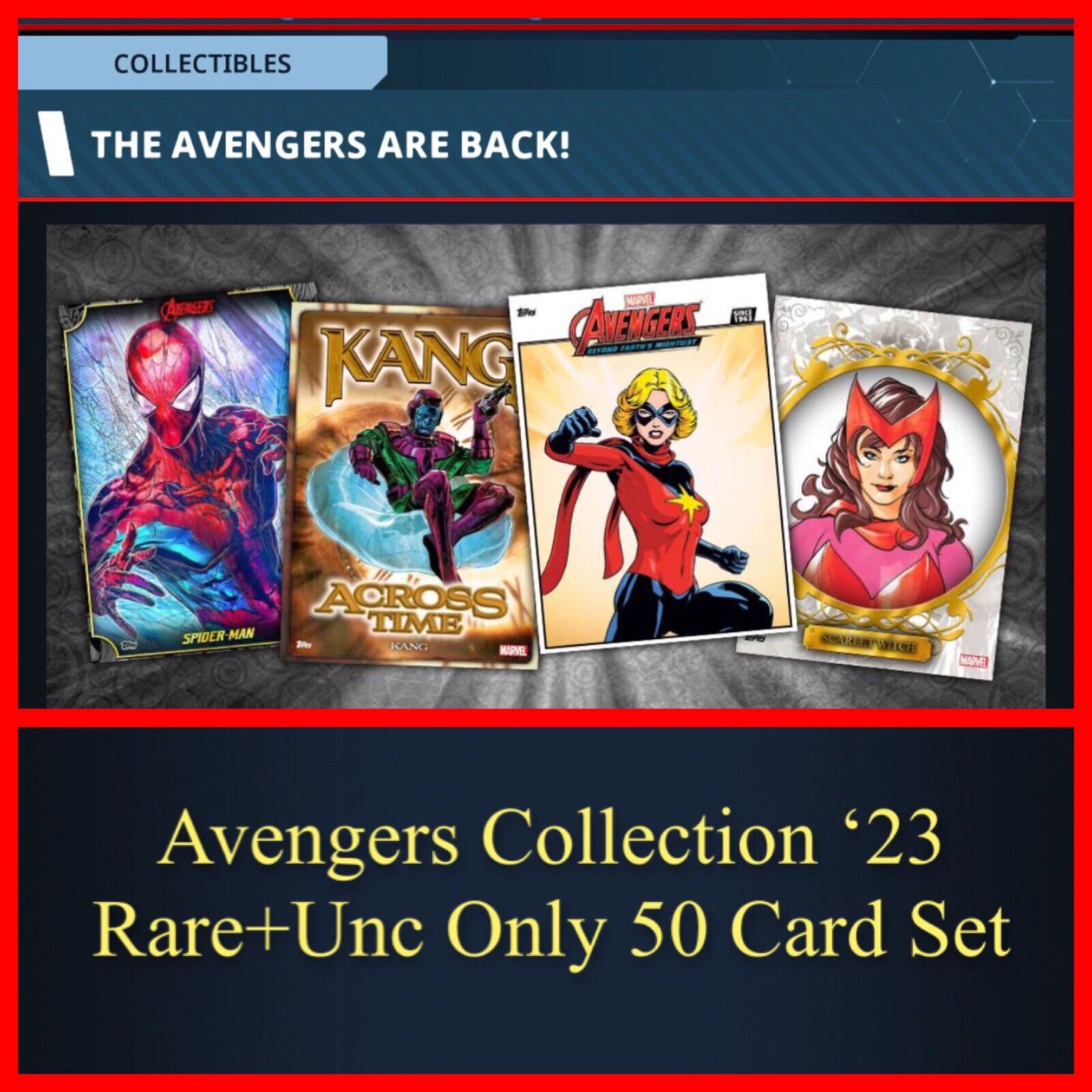 AVENGERS COLLECTION ‘23-RARE+UNC ONLY 50 CARD SET-TOPPS MARVEL COLLECT