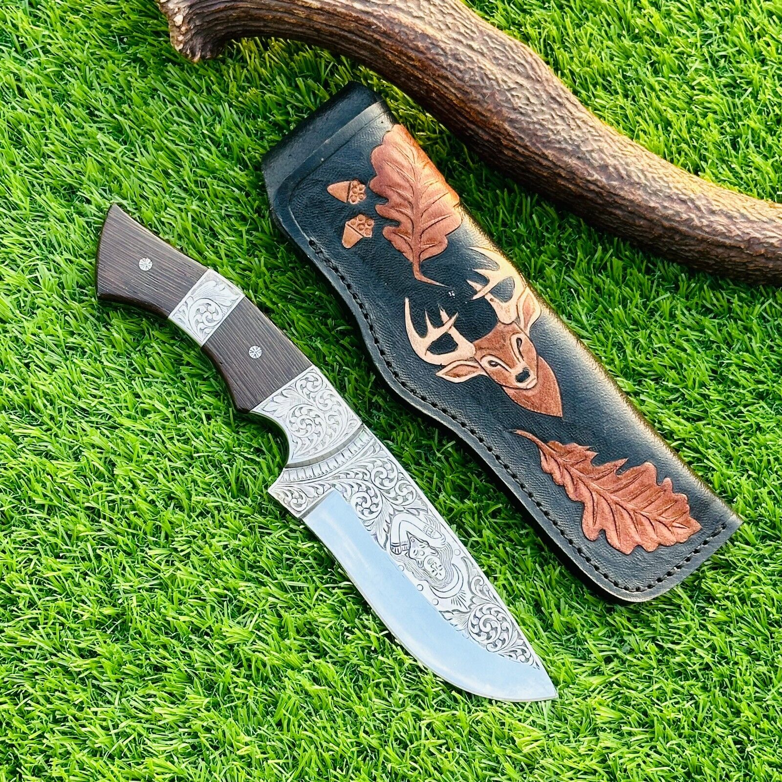 Unique Hand Engraved Knife Premium D2 Steel Hunting knife Handmade Camping Knife