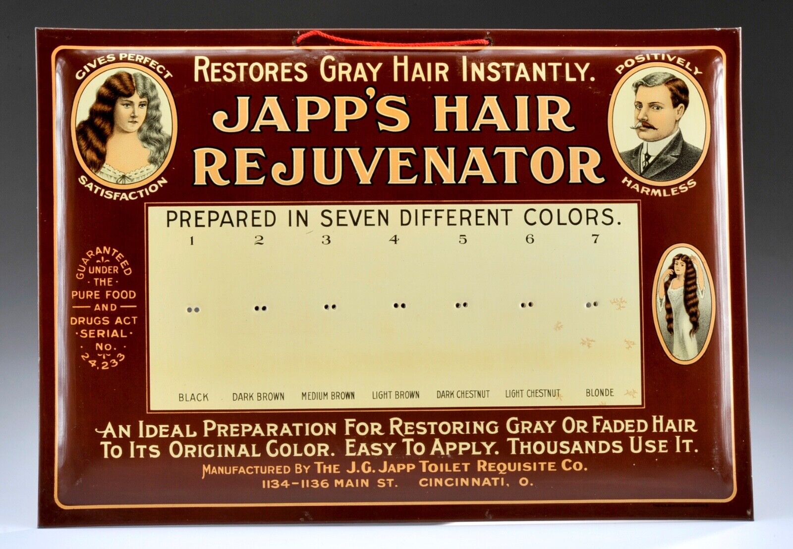 Antique c1908 Japp's Hair Dye Rejuvenator Salon Barber Shop Advertising Sign #1