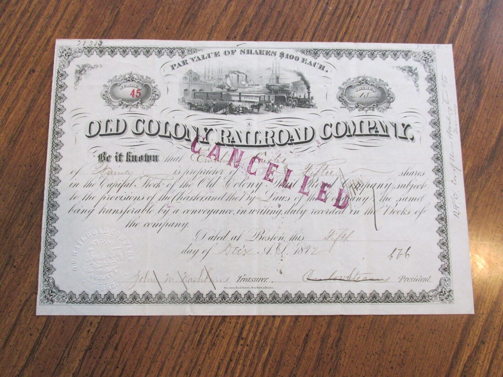 1872 OLD COLONY RAILROAD Company stock certificate lot BK