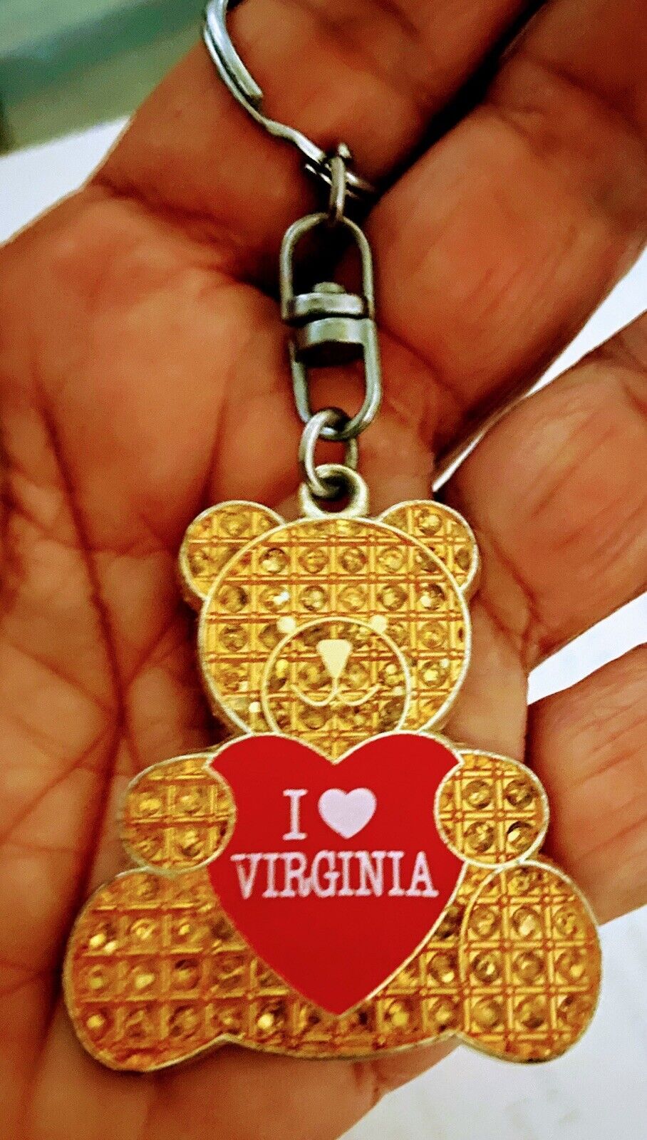 Vintage Keychain Souvenir I ❤️ Virginia Bear Gold Rhinestones  Wow