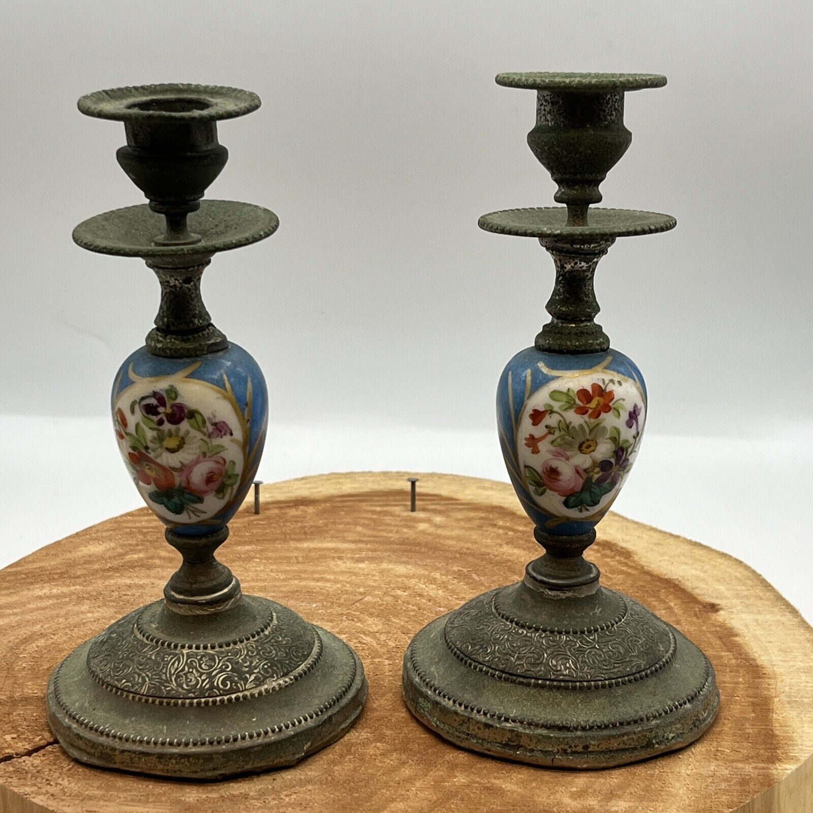 19th Century Antique Pair Of Ceramic Hand painted Candlesticks Silver Metal Lot2