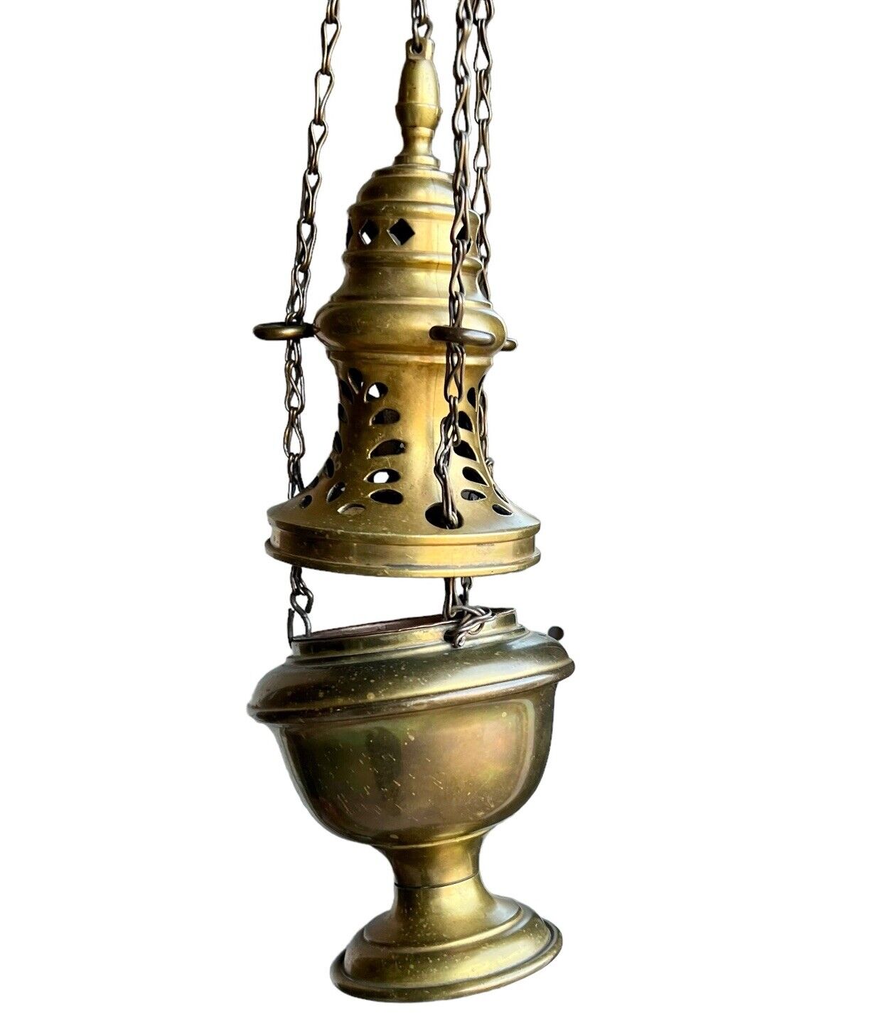 Antique Brass Triple Chain Church Censer, Incense Burner, 19th century Artifacts