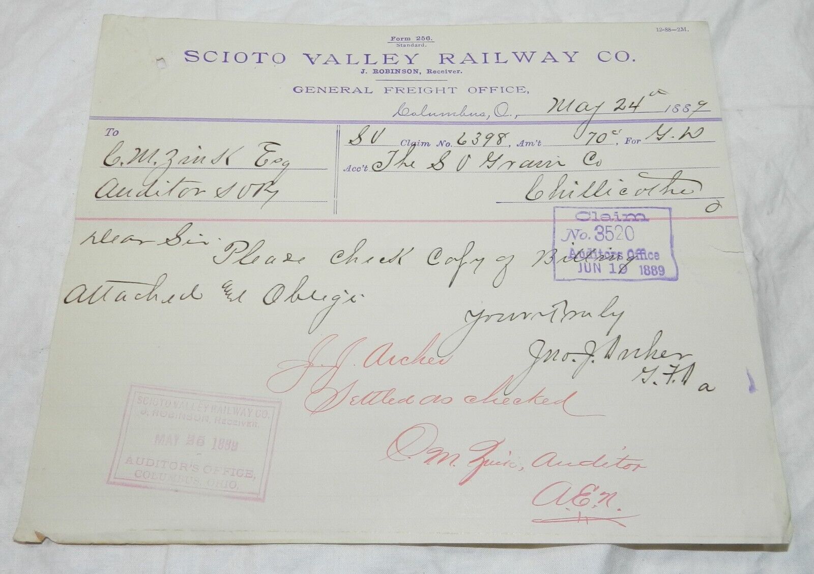 Vintage 1889 Letter on Scioto Valley Railway Co. Letterhead