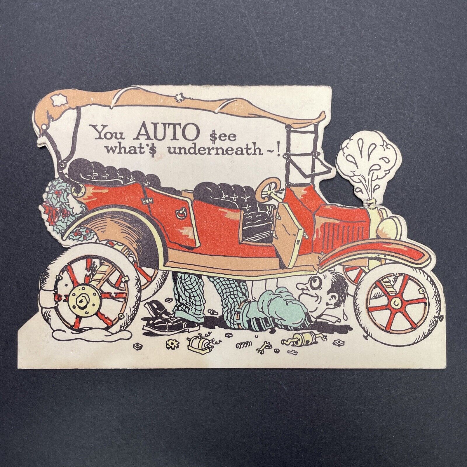 Antique 1909 Christmas Broken Down Automobile Postcard Without Stamp V2316