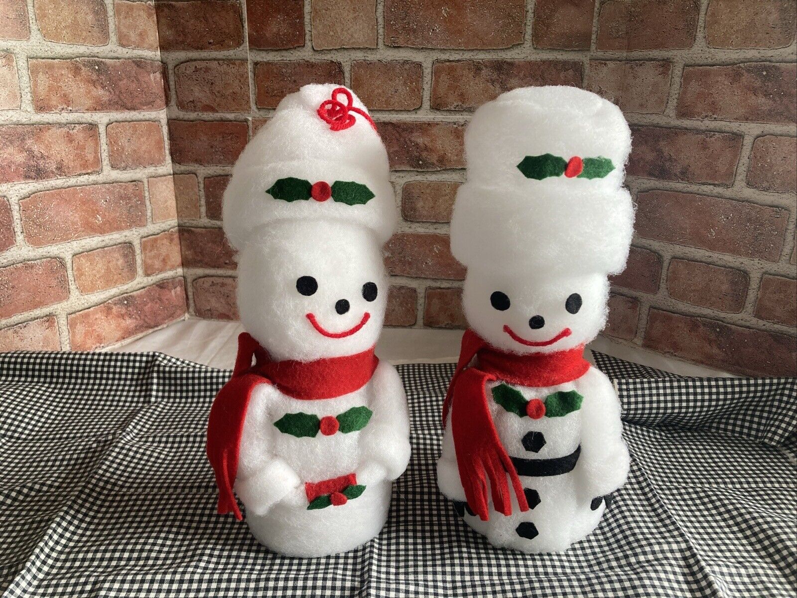 VTG Snowman Couple Christmas Figures Cotton Batting Felt Sequin Eyes 12\