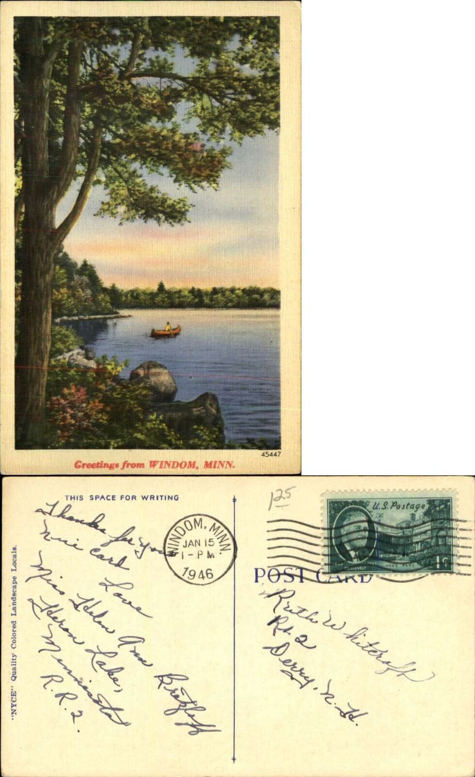 Greetings from Windom Minnesota MN canoe lake linen mailed 1946 old postcard