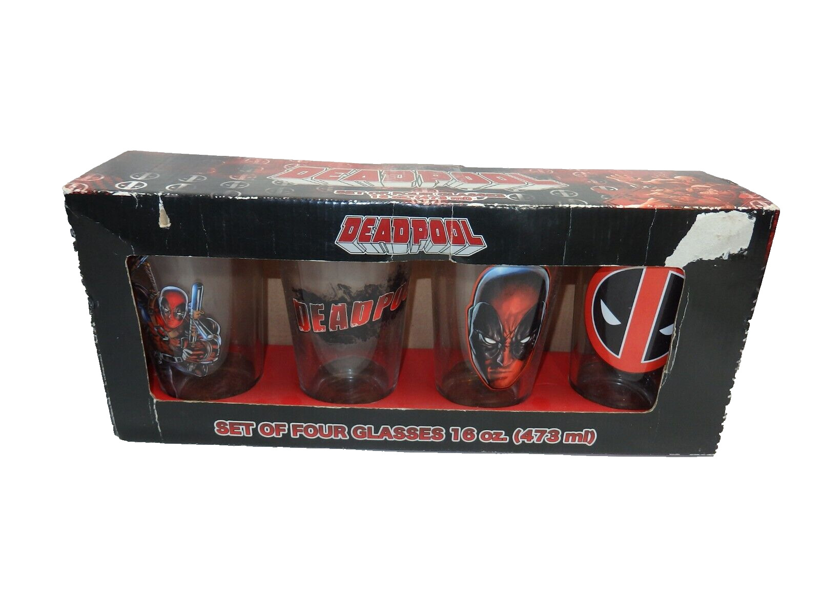 Marvel Deadpool Set of 4 -16 Oz Drinking Glasses Tumblers Barware-NEW(READ DESC)