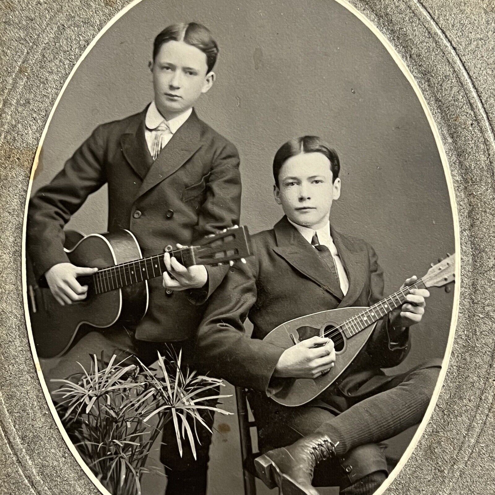 Antique Cabinet Card Photograph Boys Brothers Twins? Playing Guitar Mandolin