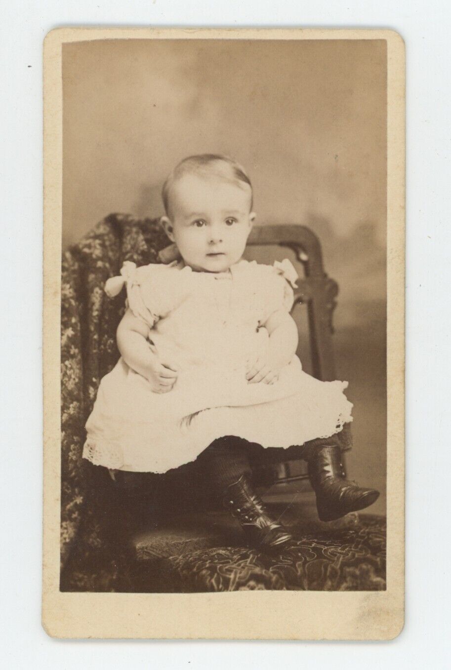 Antique CDV Circa 1870s Adorable Baby in White Dress & Boots in Chair Chicago IL