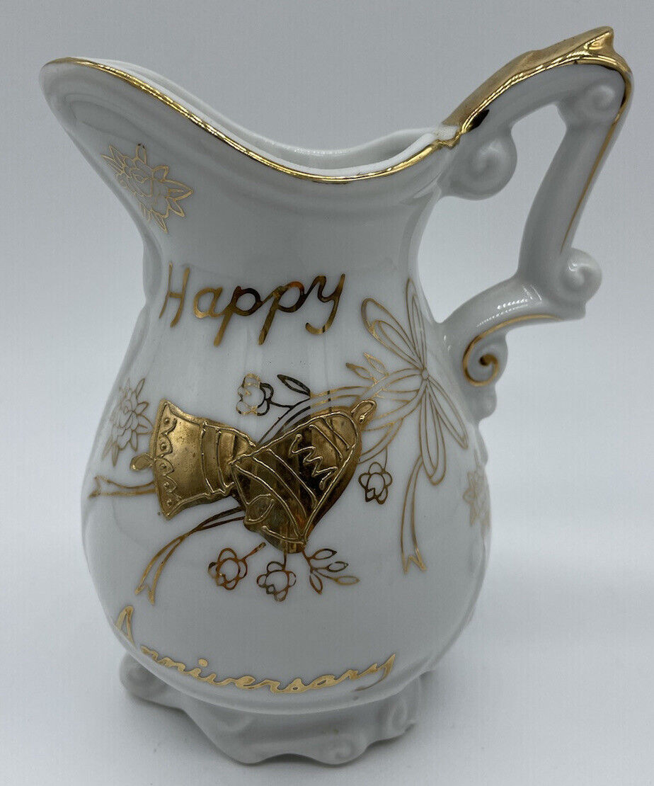 Vintage HAPPY ANNIVERSARY Applied Gold Norleans gold lined Pitcher Japan