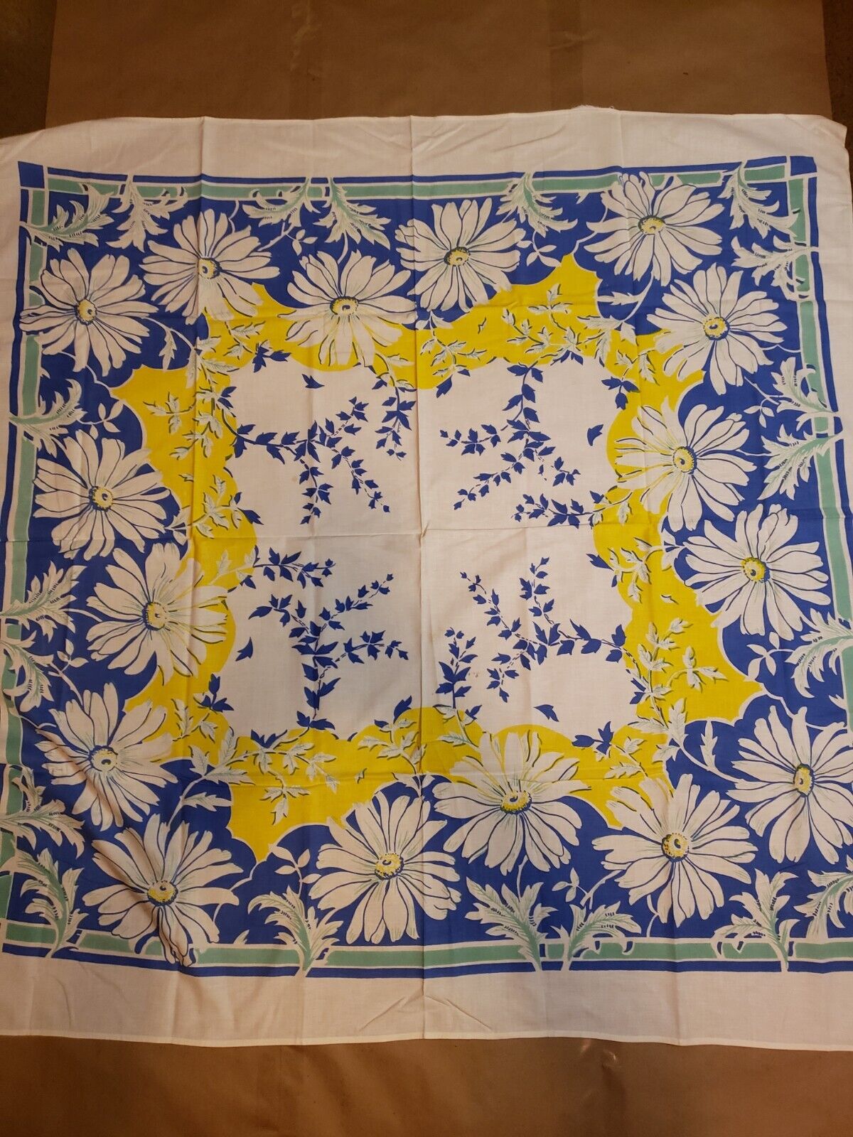 Vintage Handmade MCM Tablecloth Yellow And Blue Beauty 48x48