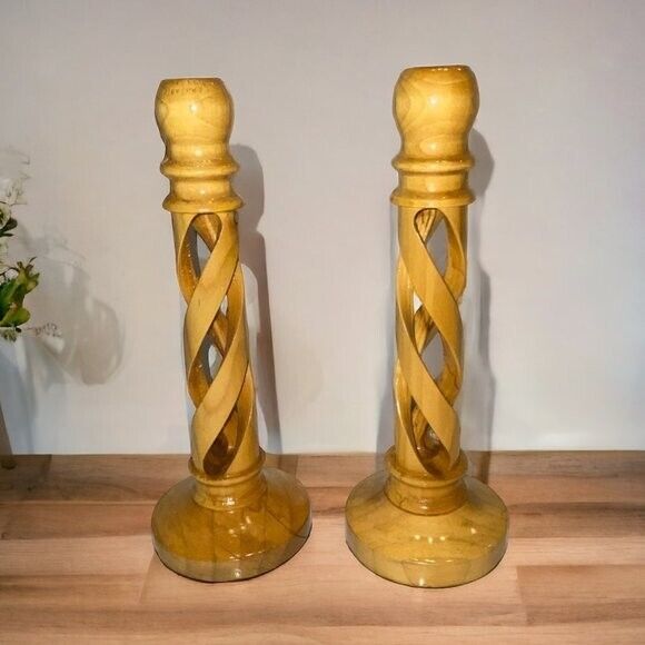 Olive Wood Pair of Tapered Candle Holders Twisted Hallow Hand-Carved Spiral