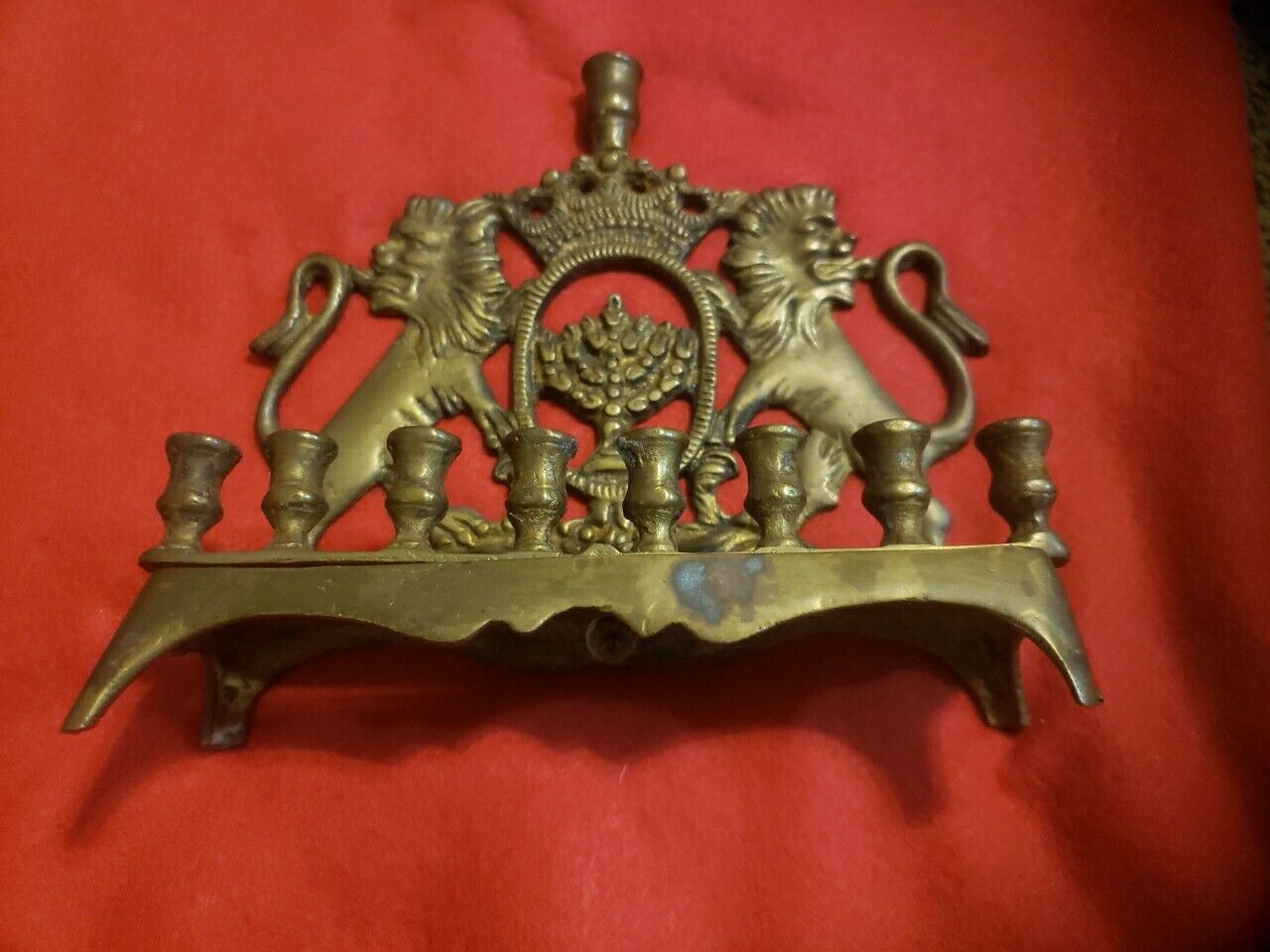 Antique Heavy Brass Bronze Menorah 2 Lions of Judah Crown 9 Candle Judaica