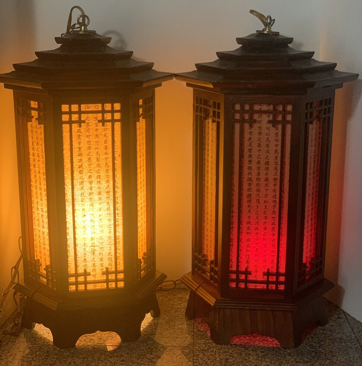 Pair Of Korean Pagoda Hanging Lamps with Night Light wood large