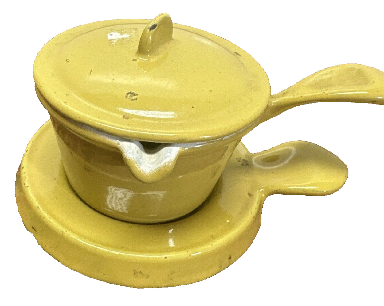 Vintage Descoware Butter Warmer Flaming Yellow with lid and trivet Belgium
