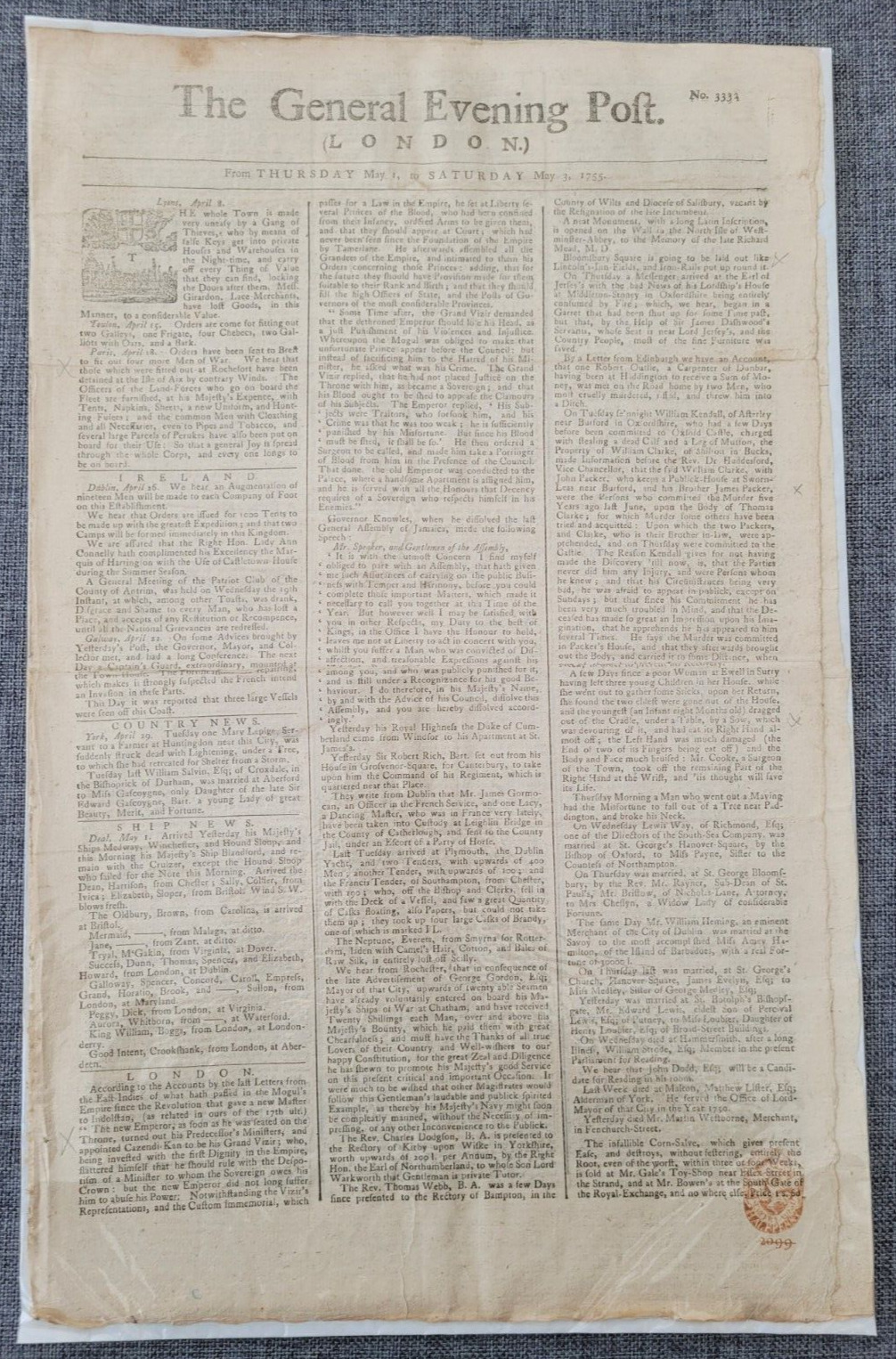 THE GENERAL EVENING POST LYONS FRANCE THEIVES 3RD MAY 1755 ORIGINAL NEWSPAPER