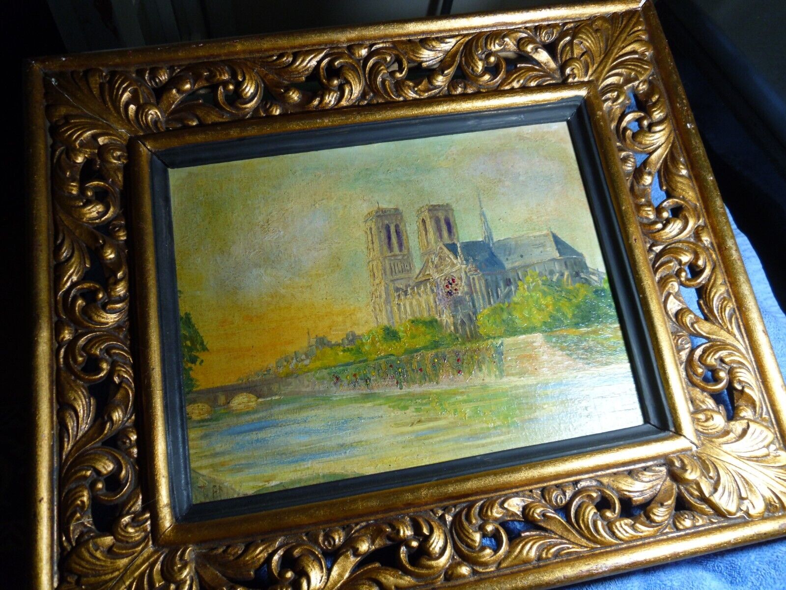 Antique signed oil painting 10 x 12 original board Notre Dame cathedral PARIS