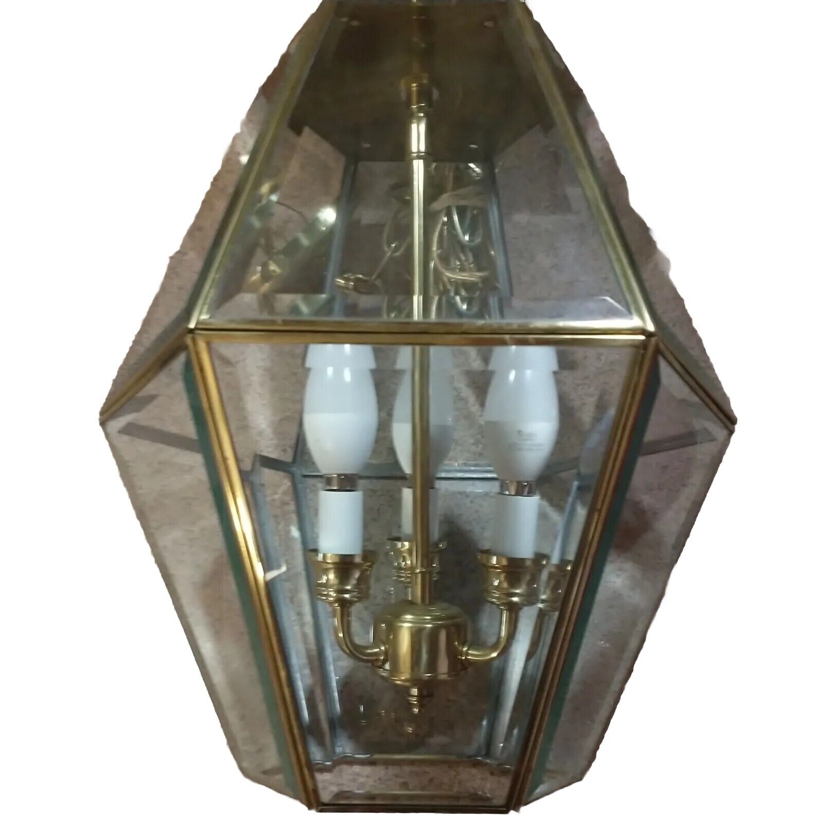 Vtg Hexagon Brass Hanging Beveled Glass French Lamp With Three Candles & chain
