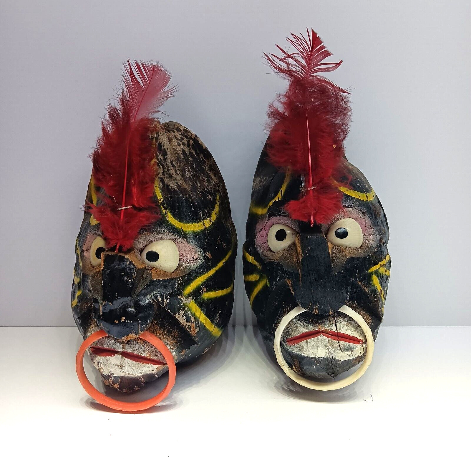 Pair of Ugly Vintage Hanging Carved Real Coconut Native Warriors Head Hawaiian