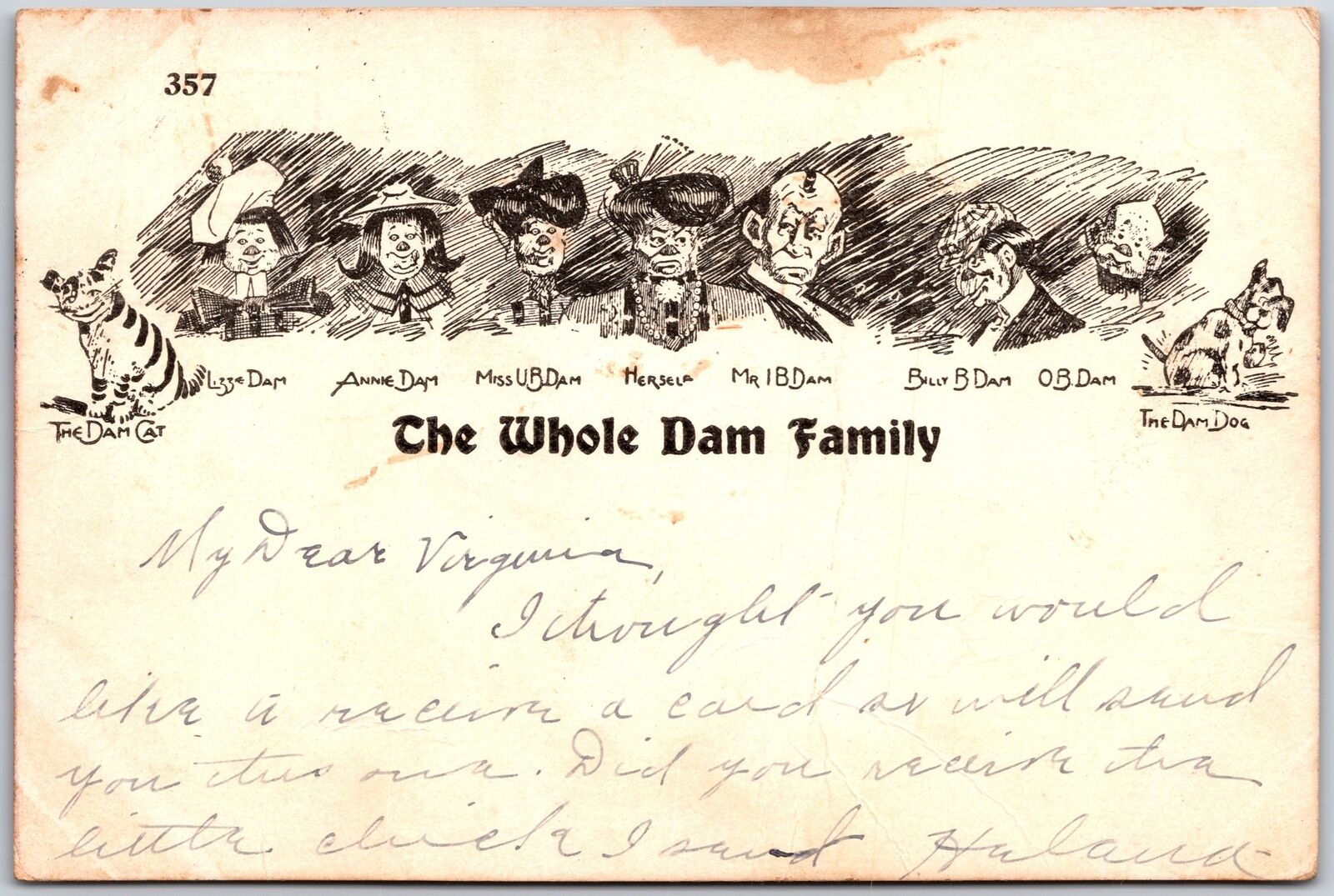 1906 The Whole Dam Family Dam Cat Lizze Annie Miss Ub Herself Mr Posted Postcard