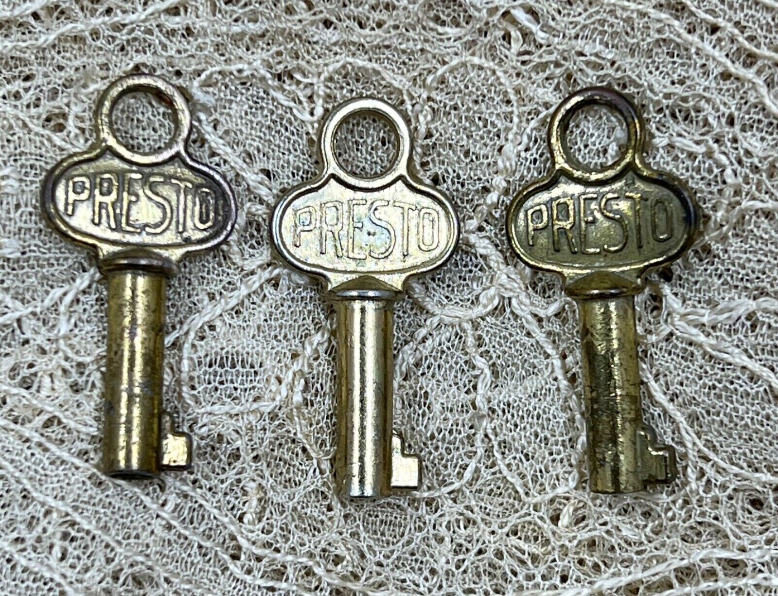 Small Presto Vintage Hollow Barrel Keys, Lot Of 3, All Original, Brass Tone