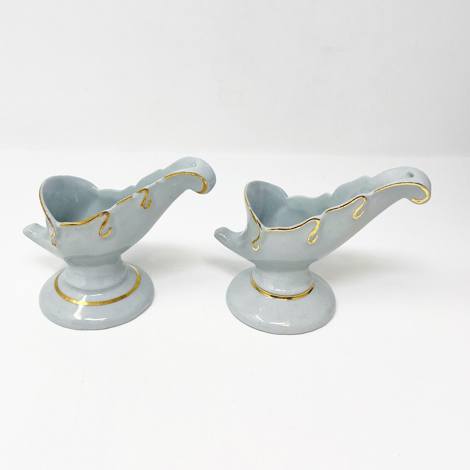 Vintage Mid-Century Modern Ceramic Gray Gold Gilded Pair Of Candlestick Holders