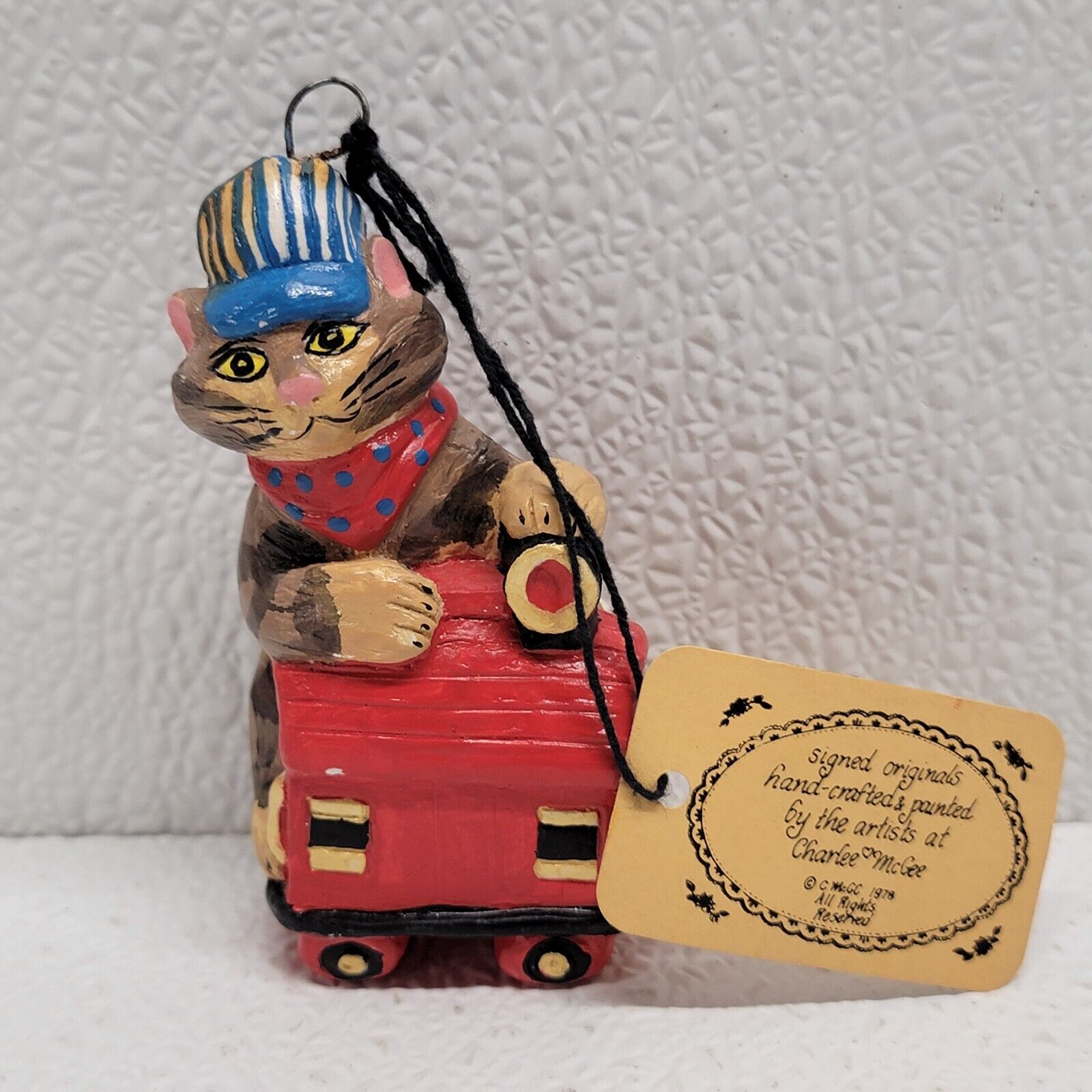 Vintage 1978 Charlee McGee Art Christmas Ornament Cat With Train - Original Tag