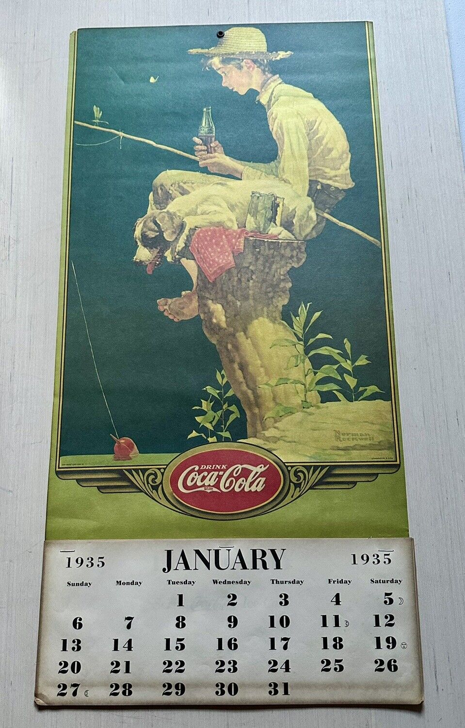 Vtg 1991 Repro Of 1935 Coca Cola Norman Rockwell Calendar Gone Fishin\' Advertise