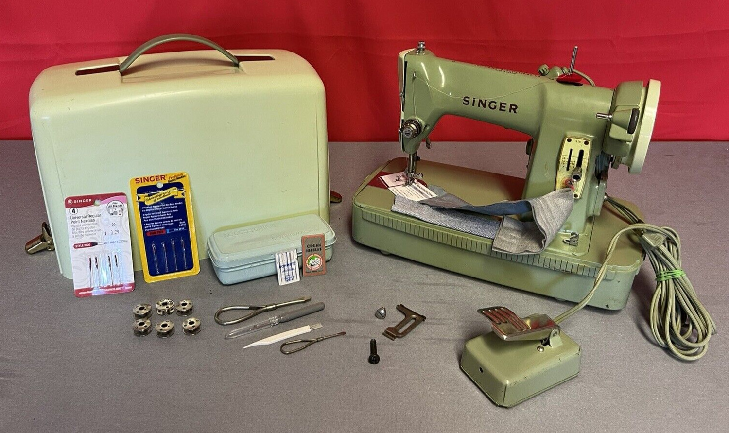 Vintage Singer Sewing Machine  Green With Hard Case early 1960s SERVICED