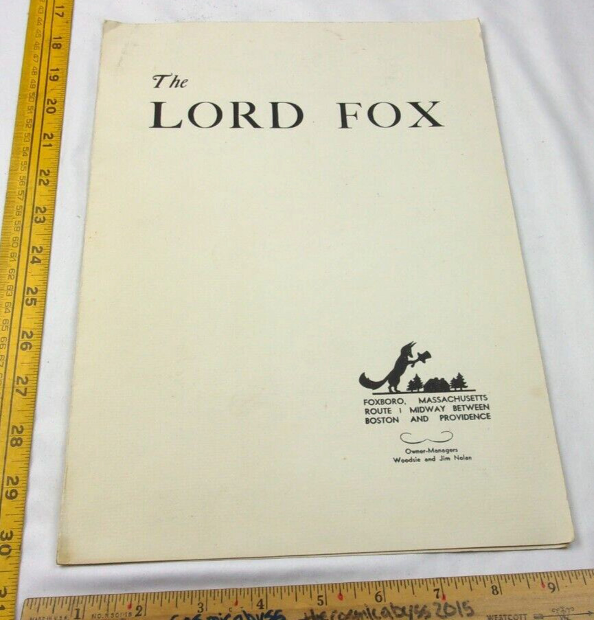 The Lord Fox restaurant menu 1950s Foxboro Massachusetts VINTAGE